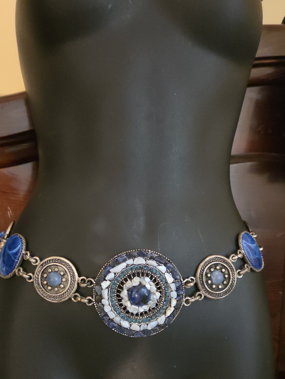 Stunning!Vintage,Cache!,distressed silver,shades of blue,glass stones,chain belt